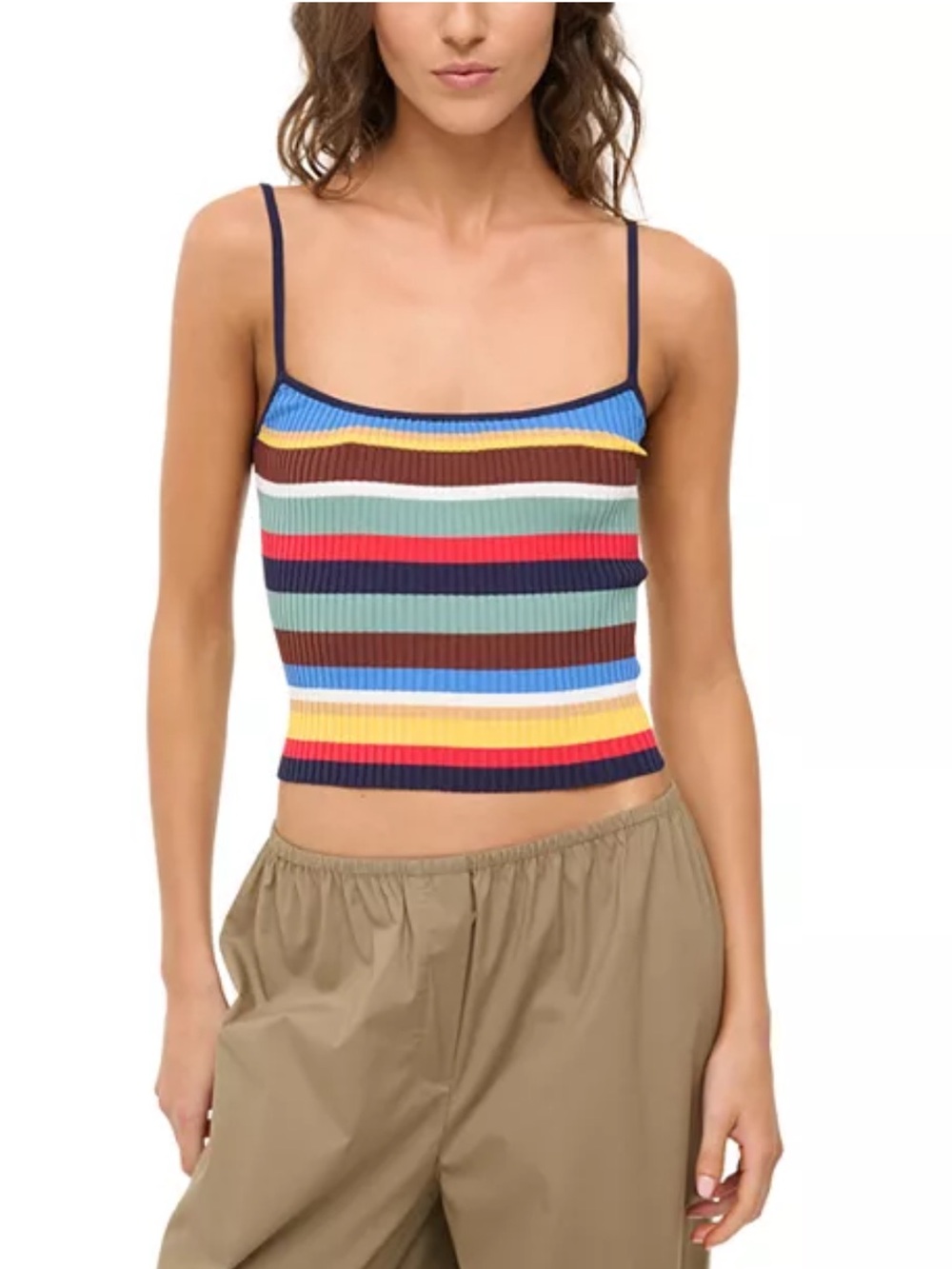 Staud Solei Striped Ribbed Cropped Cami Tank Top - Multicolor Size Small